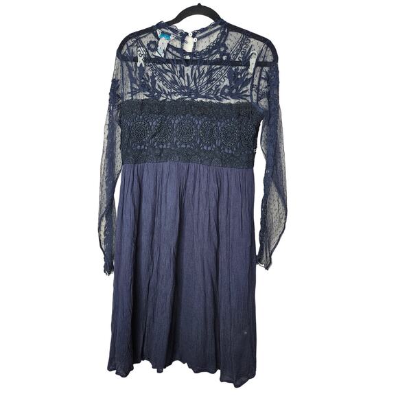 Sundance 4 Navy Blue Sheer Lace Boho Dress Romantic Shift Western Cottage - Picture 1 of 3